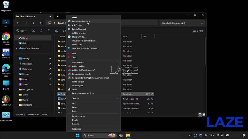 Chạy file BSLappsimple với quyền Admin